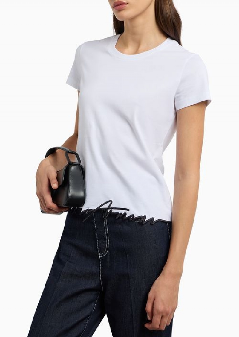 White Emporio Armani Asv Organic-jersey T-shirt With Embroidered Shaped Hem | EA-SN57039