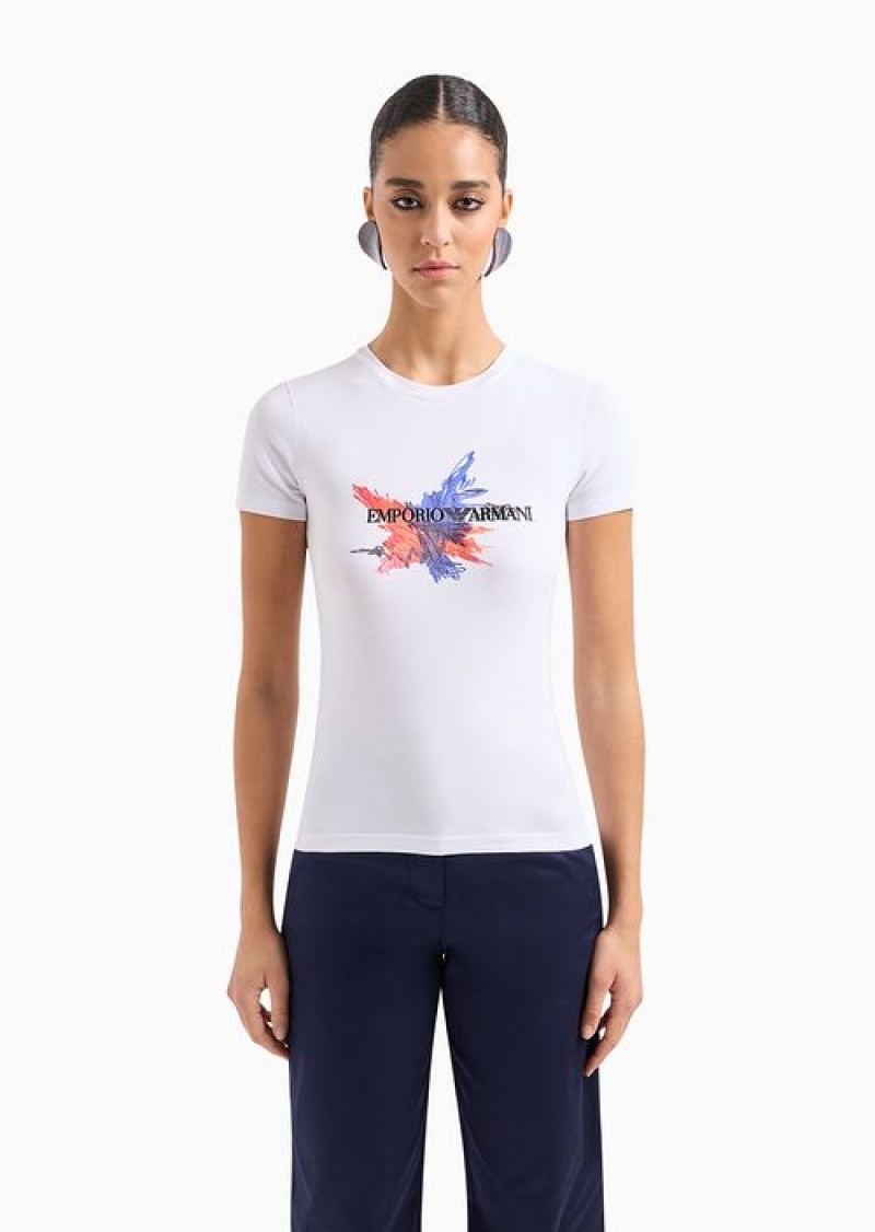 White Emporio Armani Asv Organic-jersey T-shirt With Abstract Embroidery And Logo | EA-SN57064