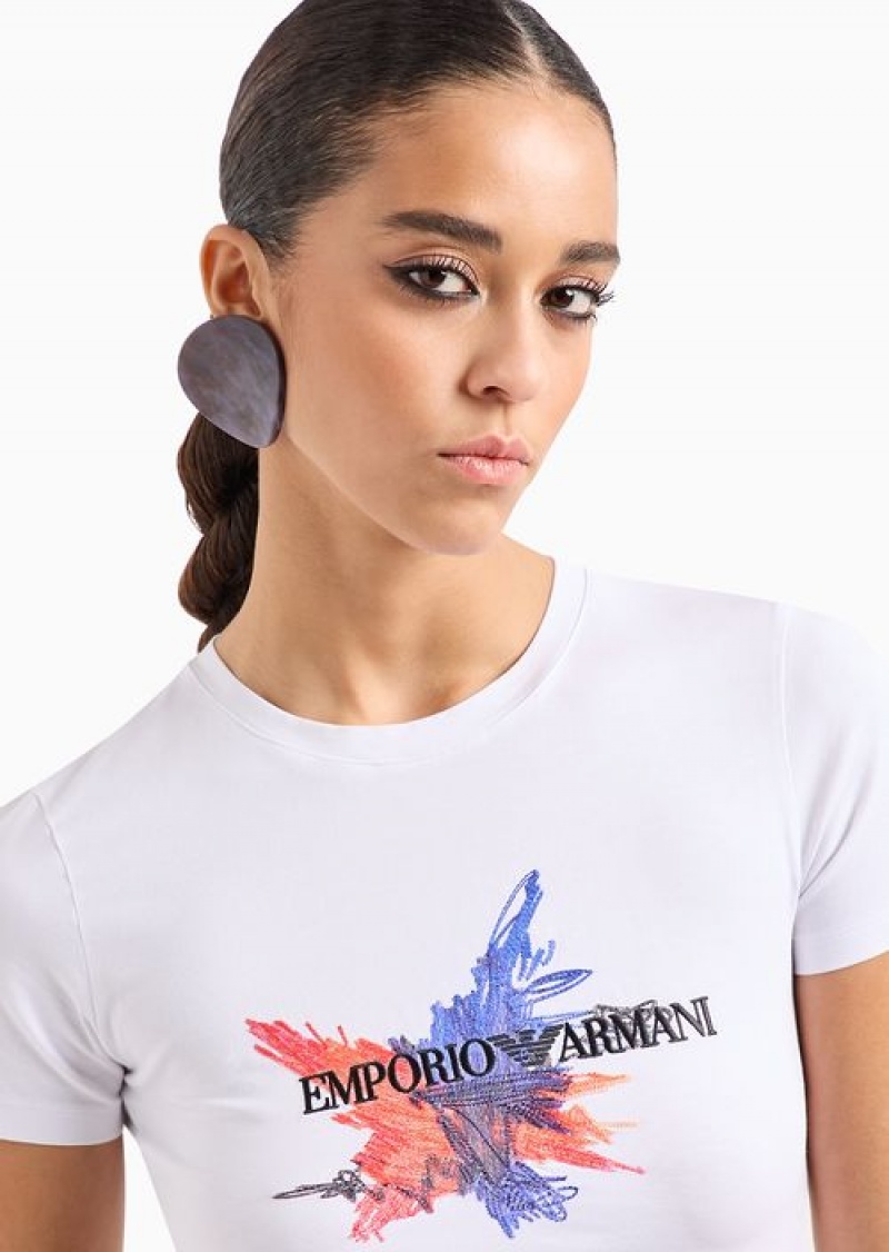 White Emporio Armani Asv Organic-jersey T-shirt With Abstract Embroidery And Logo | EA-SN57064