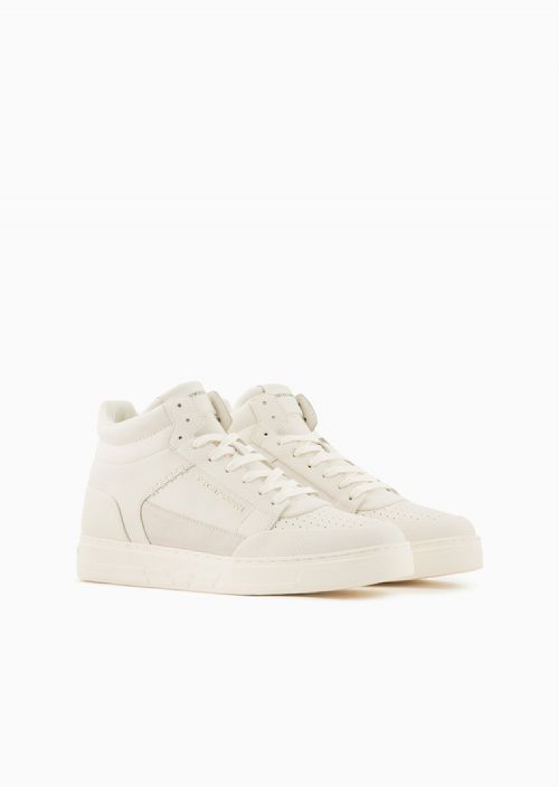 White Emporio Armani Asv Regenerated Leather High-top Sneakers With Suede Detail | EA-SN58927