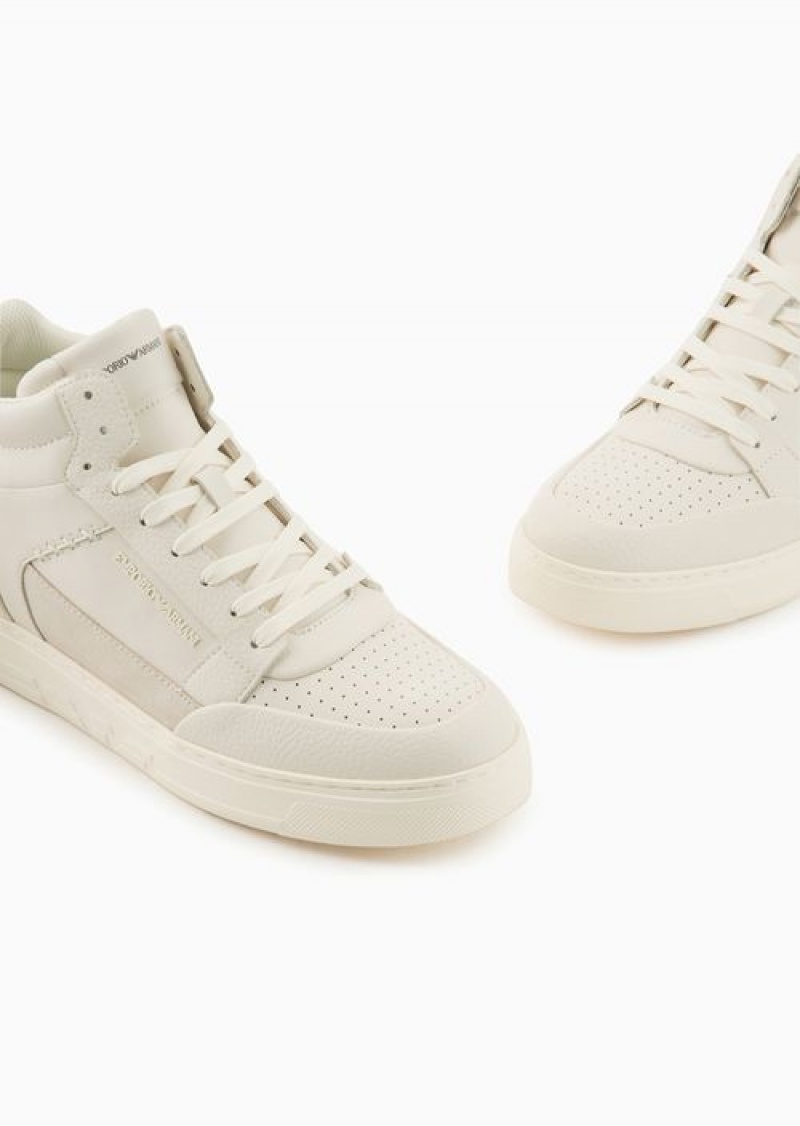 White Emporio Armani Asv Regenerated Leather High-top Sneakers With Suede Detail | EA-SN58927