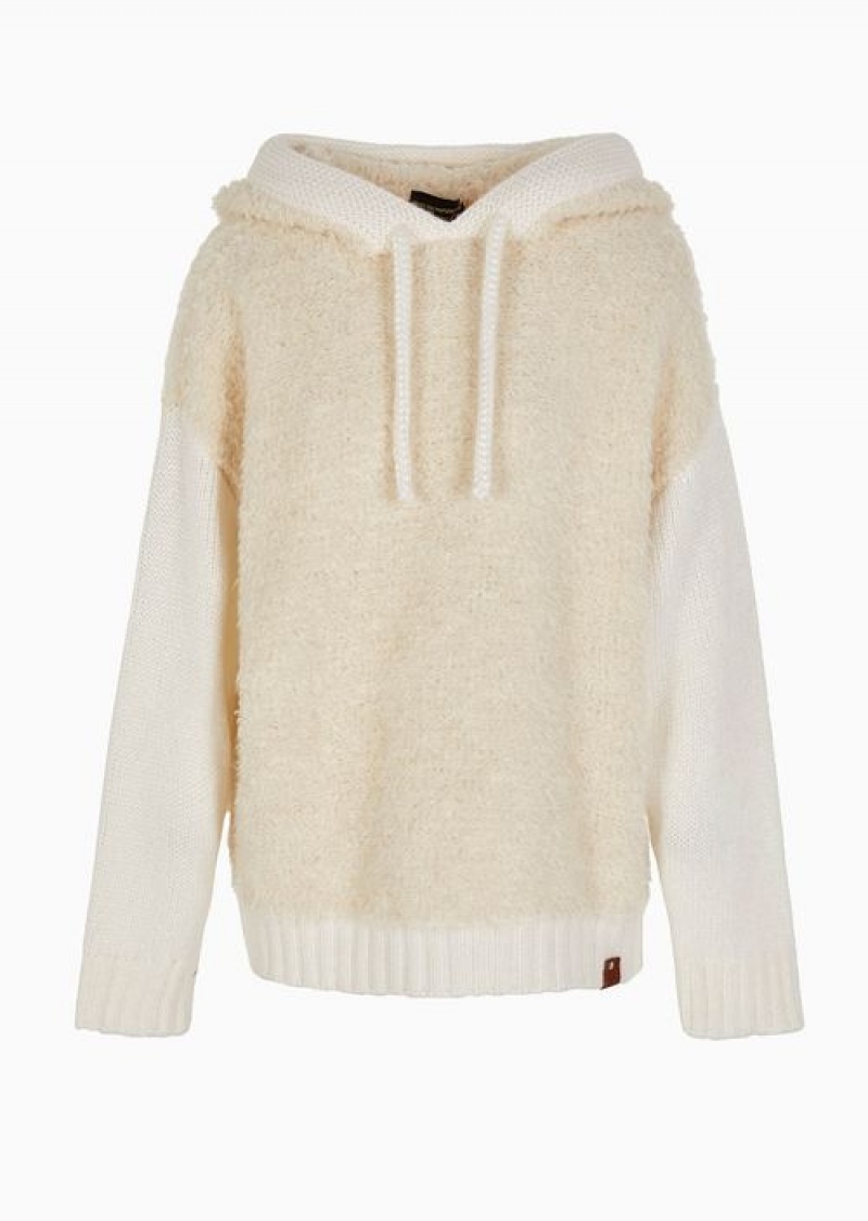 White Emporio Armani Chalet Capsule Collection Hooded Jumper In A Teddy-effect Alpaca Blend | EA-SN56689