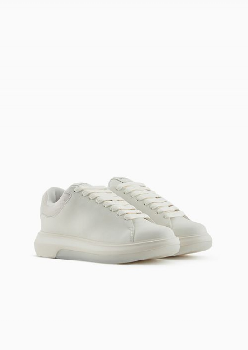 White Emporio Armani Chunky Leather Sneakers | EA-SN58910