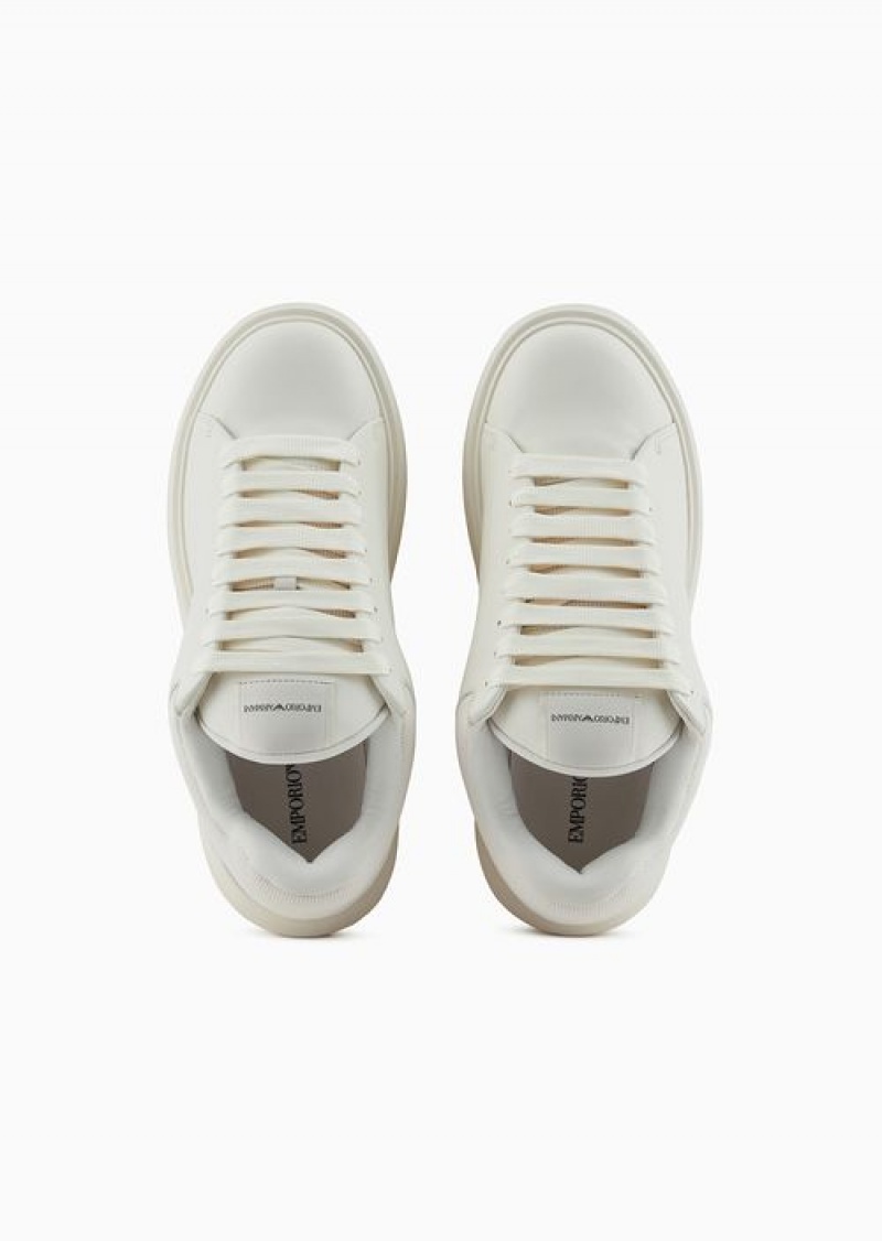 White Emporio Armani Chunky Leather Sneakers | EA-SN58910