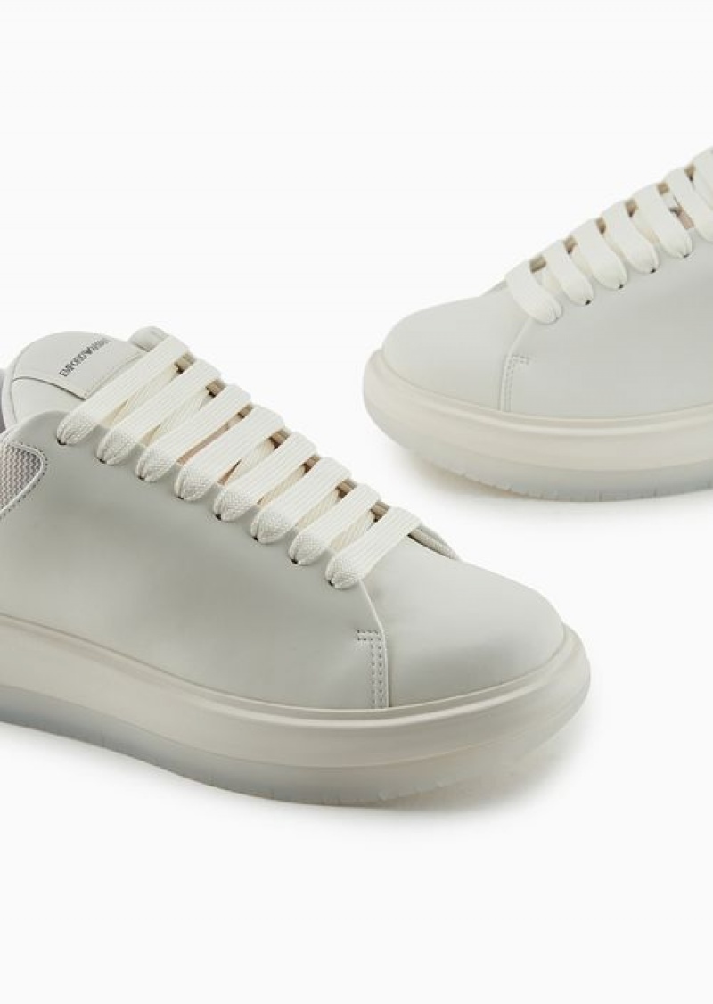 White Emporio Armani Chunky Leather Sneakers | EA-SN58910