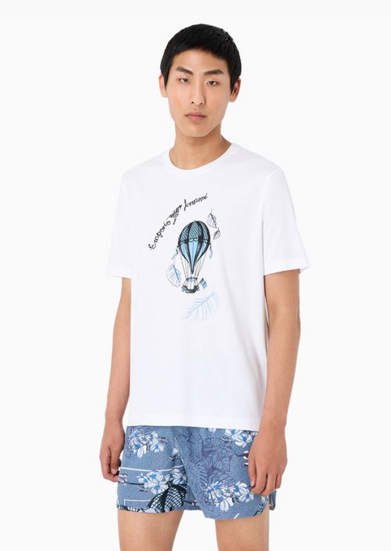 White Emporio Armani Cotton Jersey T-shirt With Resort Capsule Collection Print And Embroidery | EA-SN58580