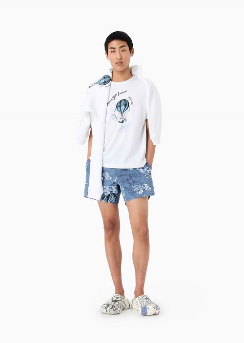 White Emporio Armani Cotton Jersey T-shirt With Resort Capsule Collection Print And Embroidery | EA-SN58580