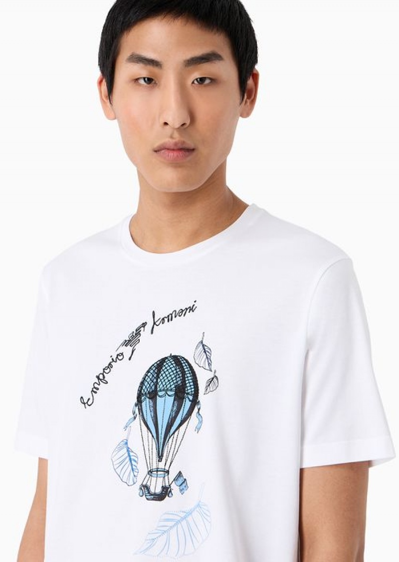 White Emporio Armani Cotton Jersey T-shirt With Resort Capsule Collection Print And Embroidery | EA-SN58580