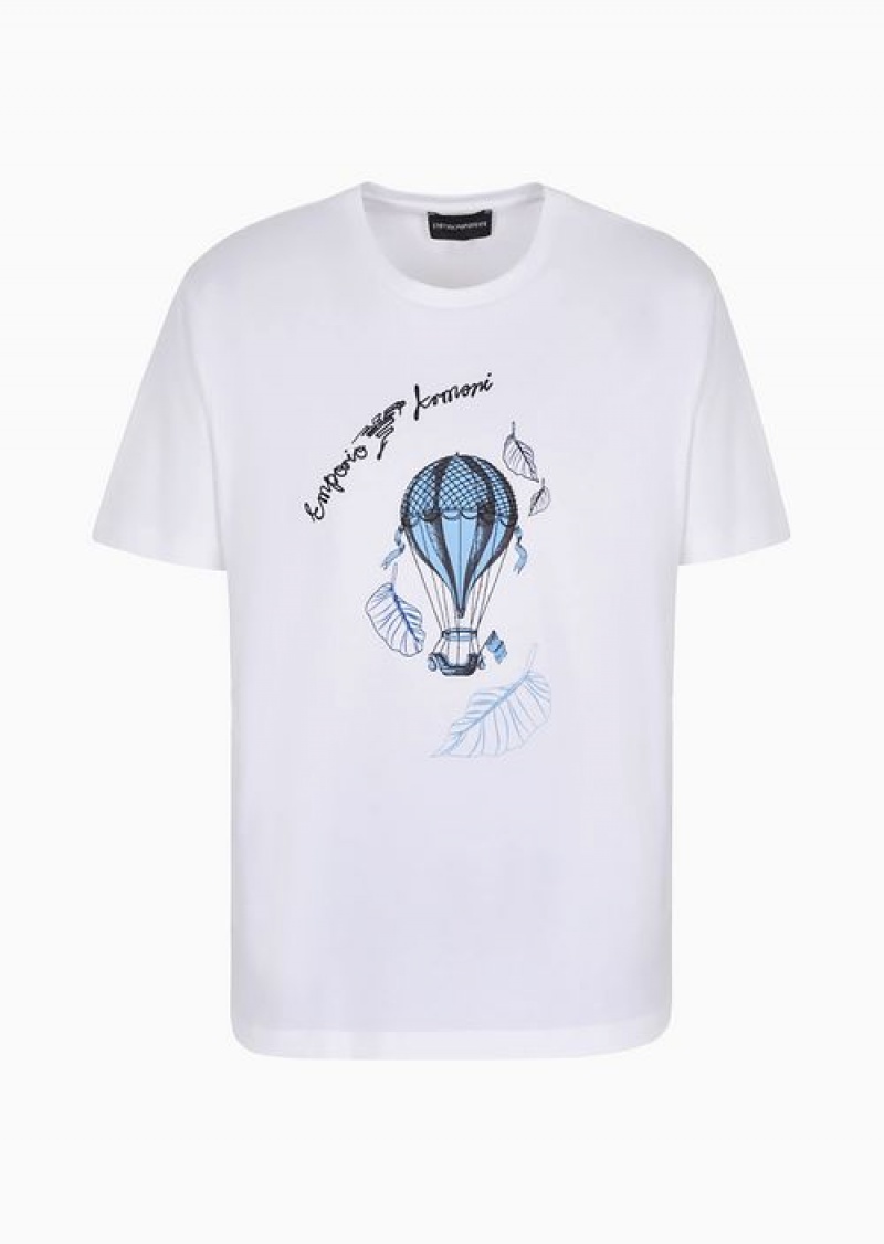 White Emporio Armani Cotton Jersey T-shirt With Resort Capsule Collection Print And Embroidery | EA-SN58580