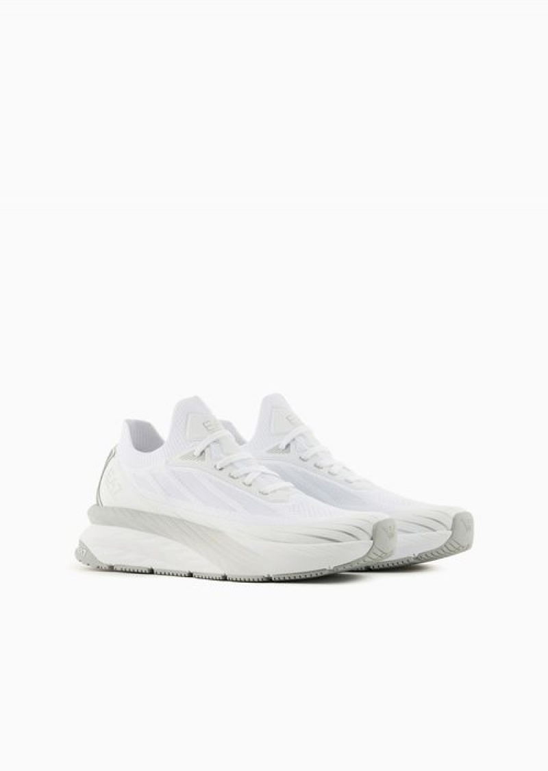 White Emporio Armani Crusher Distance Sonic Knit Sneakers | EA7-SN59790