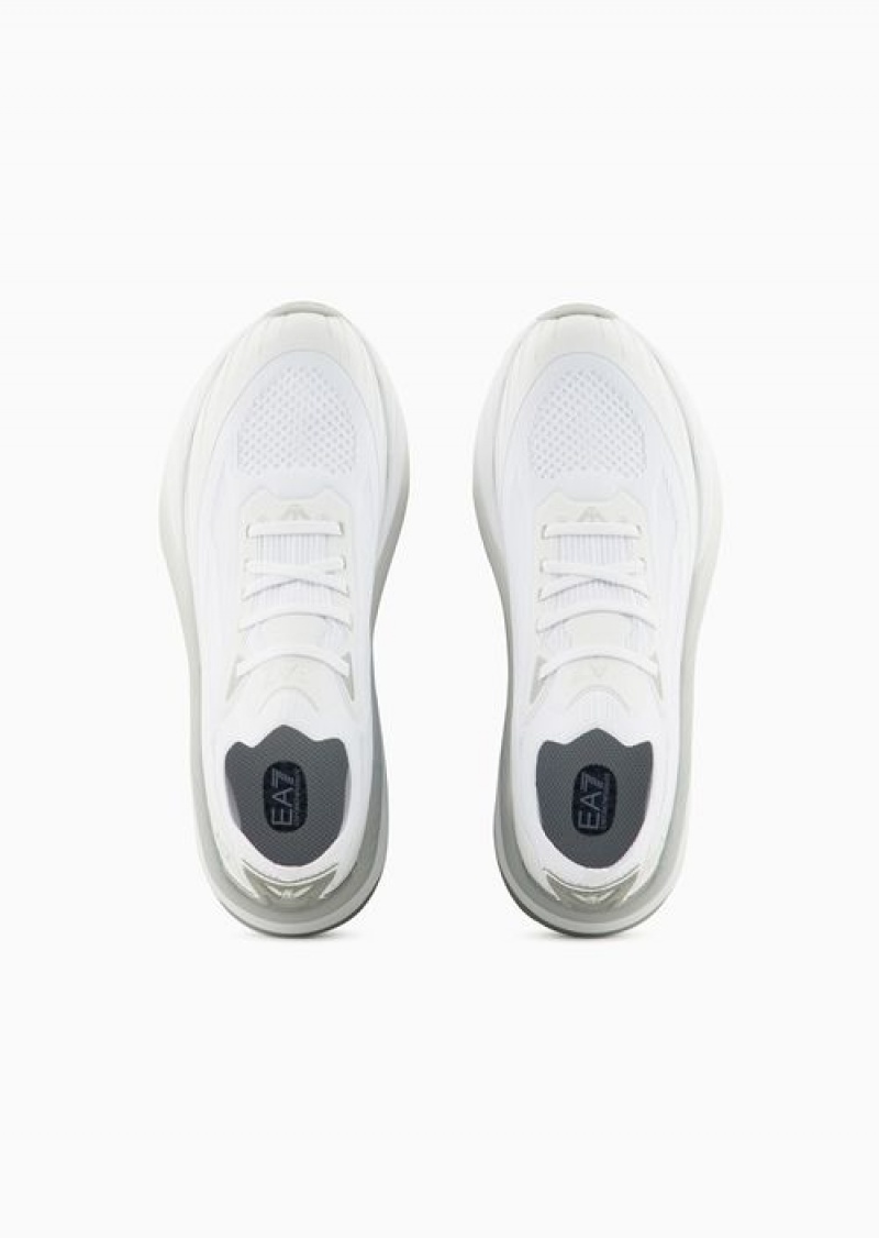 White Emporio Armani Crusher Distance Sonic Knit Sneakers | EA7-SN59790