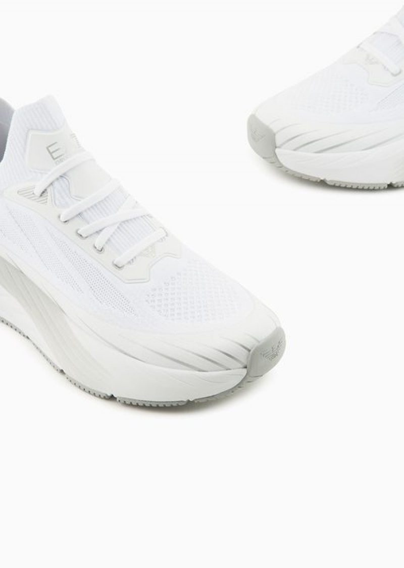 White Emporio Armani Crusher Distance Sonic Knit Sneakers | EA7-SN59790