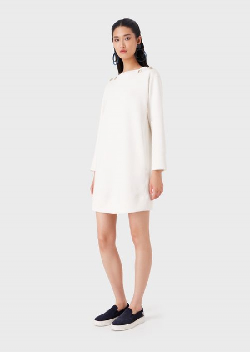 White Emporio Armani Double Jersey Dress With Gold Logo Buttons | EA-SN56495