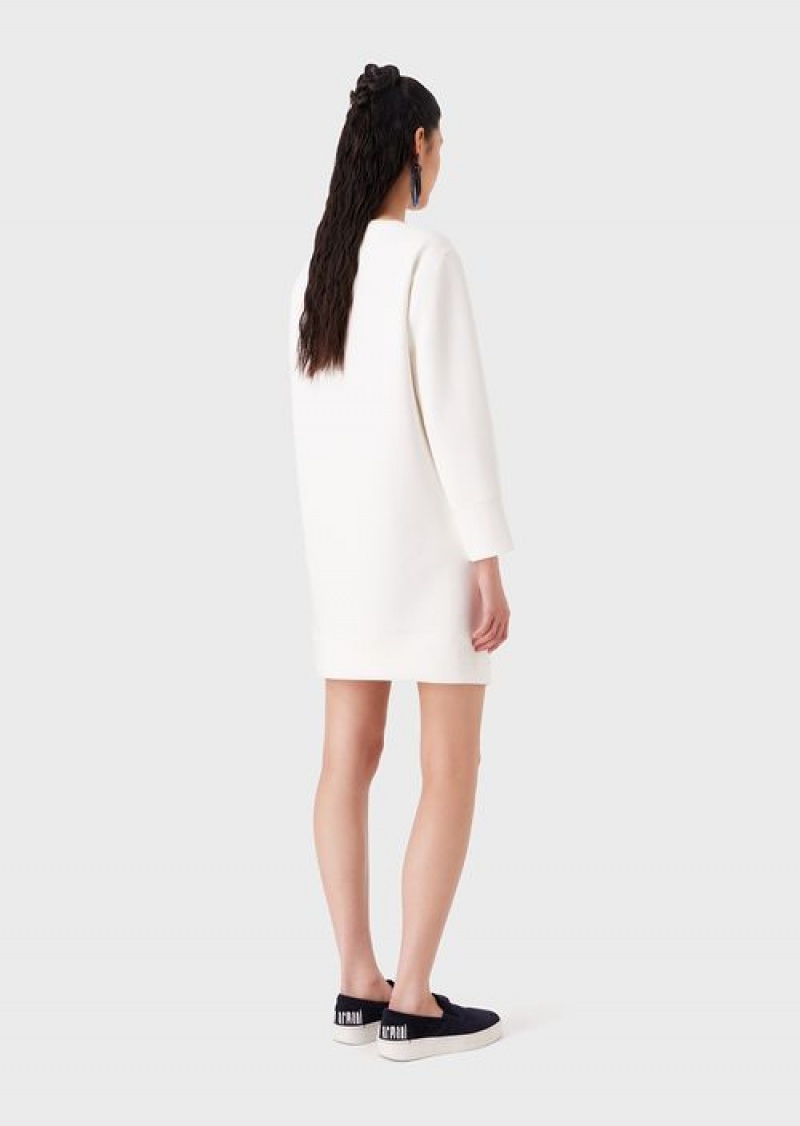 White Emporio Armani Double Jersey Dress With Gold Logo Buttons | EA-SN56495