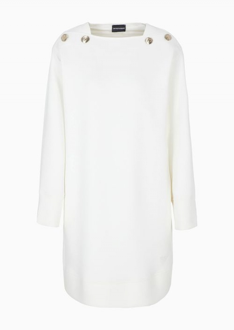 White Emporio Armani Double Jersey Dress With Gold Logo Buttons | EA-SN56495