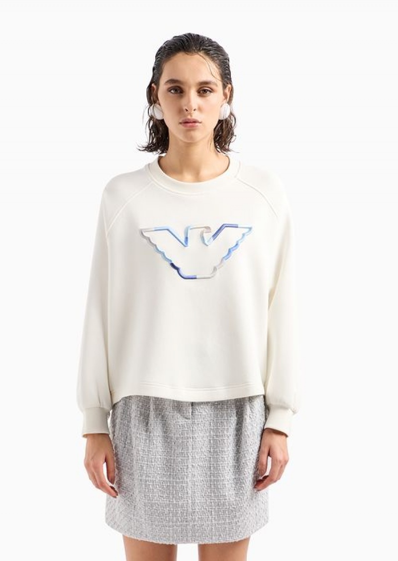 White Emporio Armani Double-jersey Crew-neck Sweatshirt With Eagle | EA-SN57009