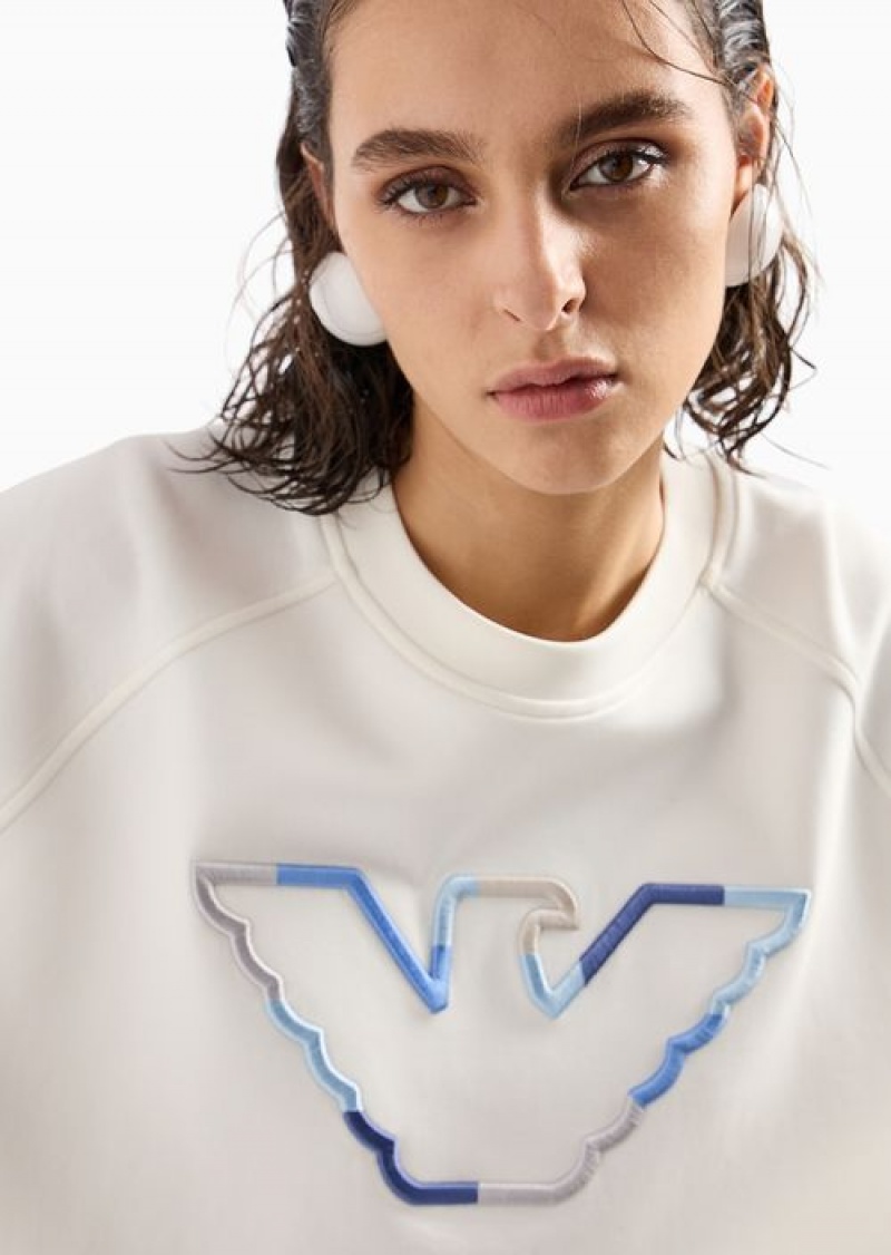 White Emporio Armani Double-jersey Crew-neck Sweatshirt With Eagle | EA-SN57009