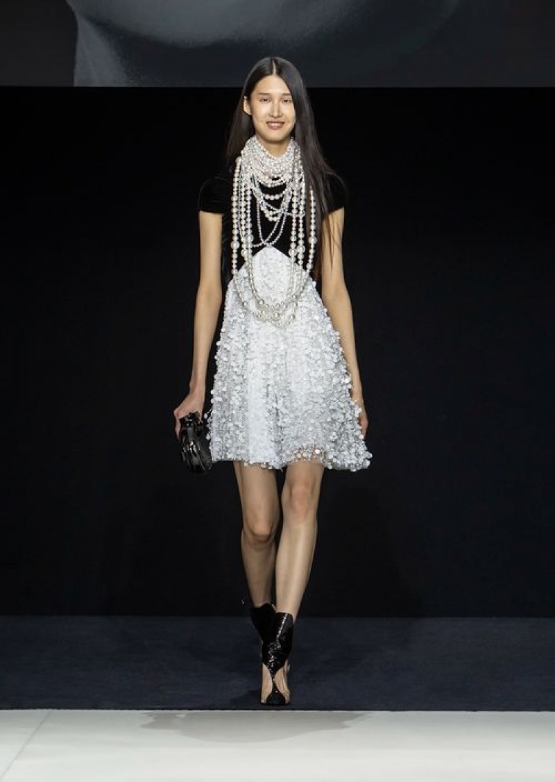 White Emporio Armani Dress With Velvet Top And Skirt With Hand-embroidered Sequin Fringe | EA-SN56539