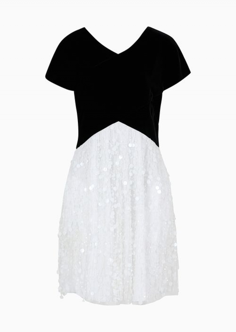 White Emporio Armani Dress With Velvet Top And Skirt With Hand-embroidered Sequin Fringe | EA-SN56539