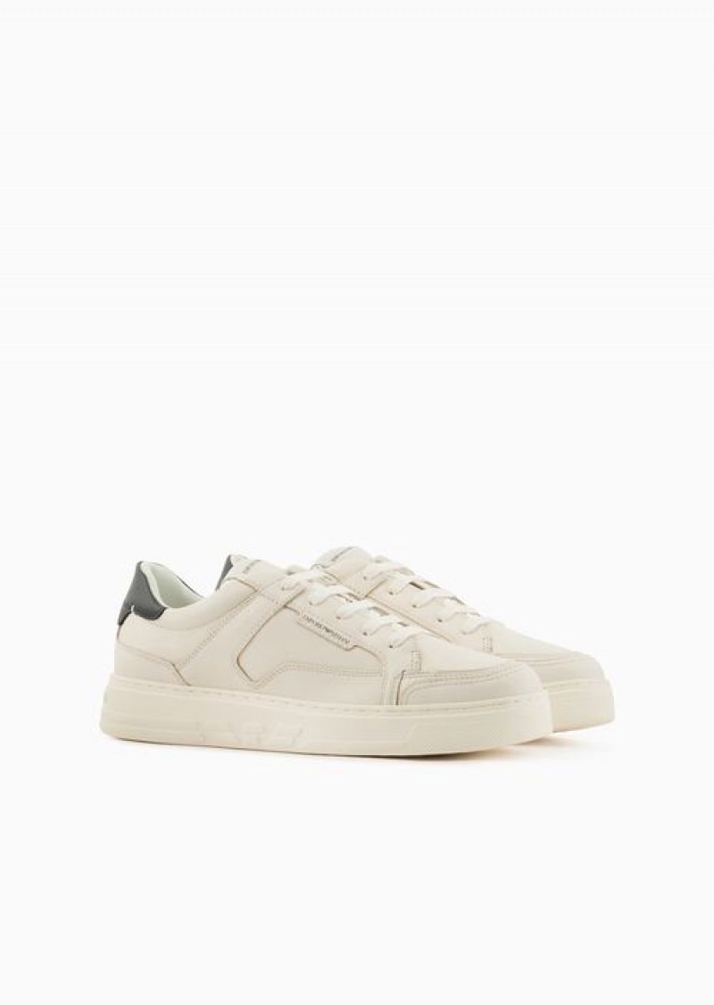 White Emporio Armani Hammered-leather Sneakers | EA-SN58969