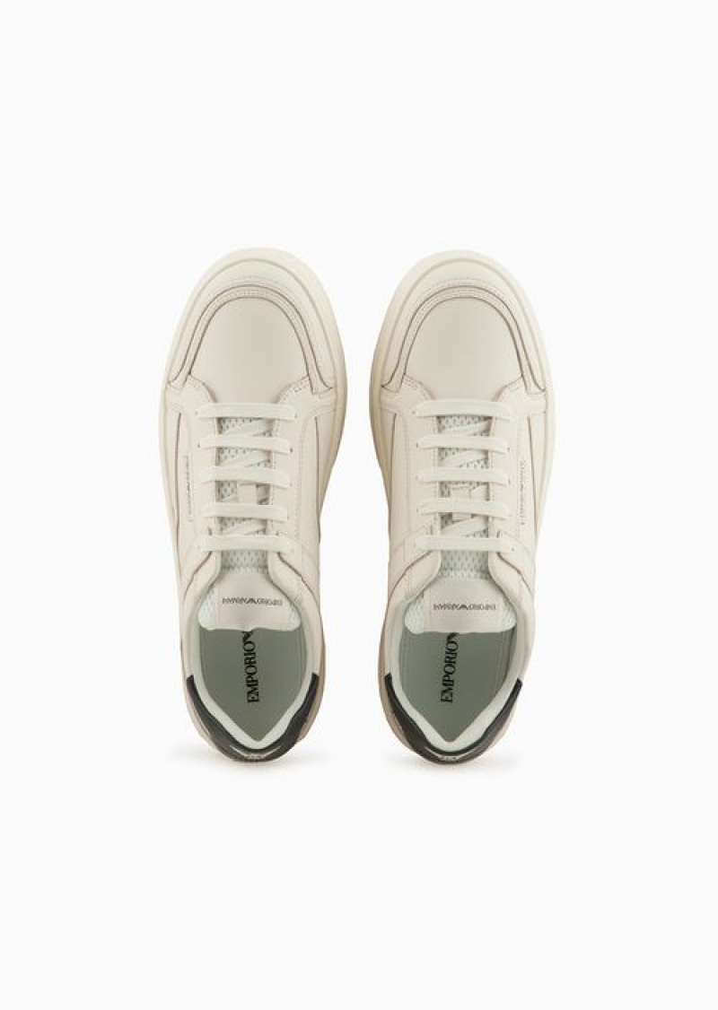 White Emporio Armani Hammered-leather Sneakers | EA-SN58969