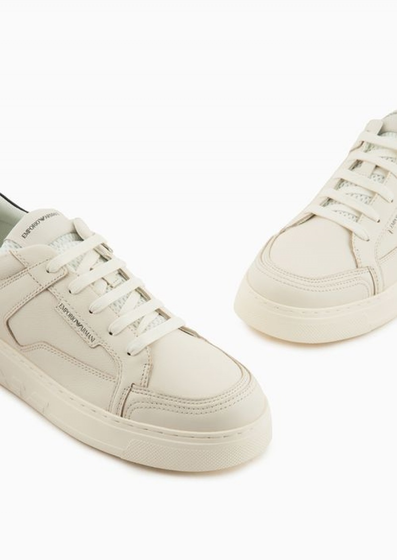 White Emporio Armani Hammered-leather Sneakers | EA-SN58969