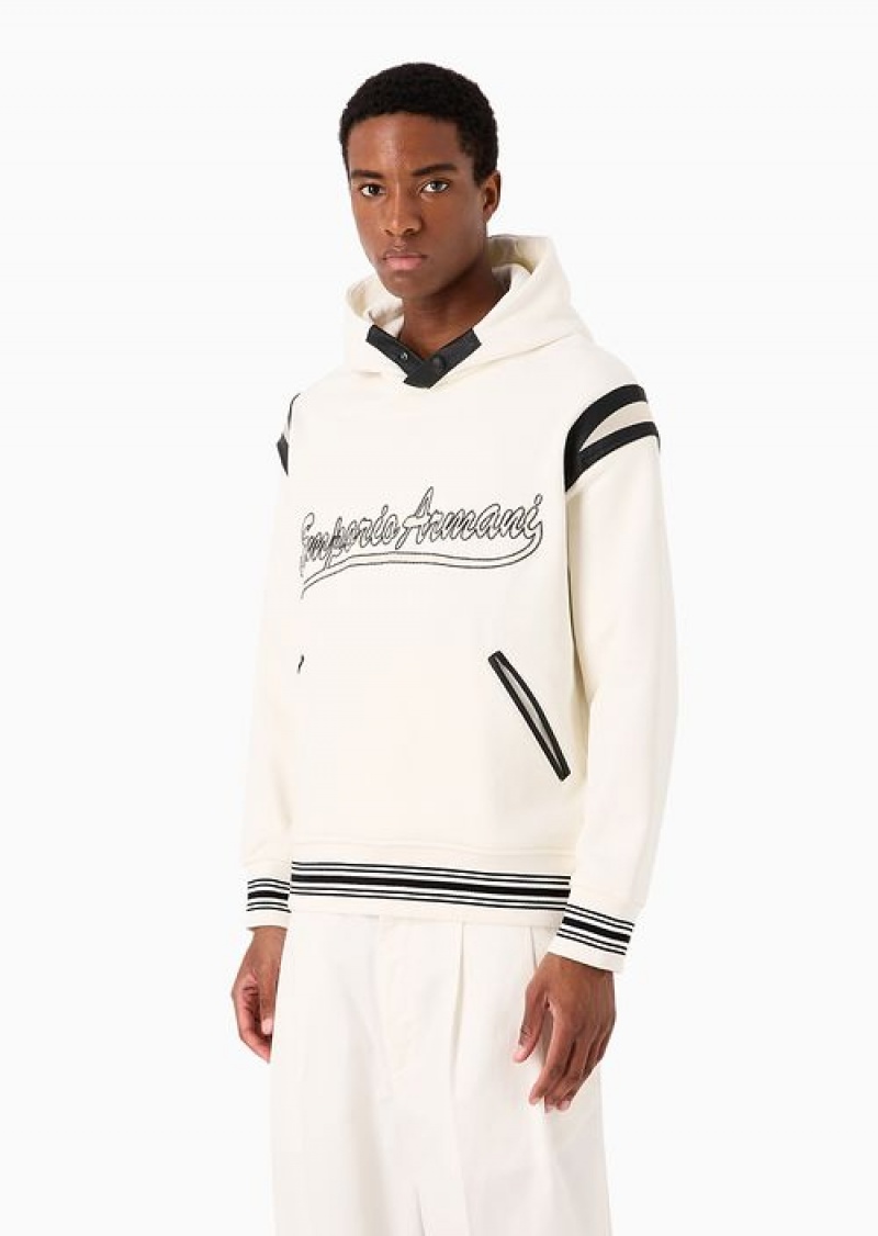 White Emporio Armani Heavyweight Jersey Hooded Sweatshirt With Leather Details And Preppy-font Embroidered Logo | EA-SN58517