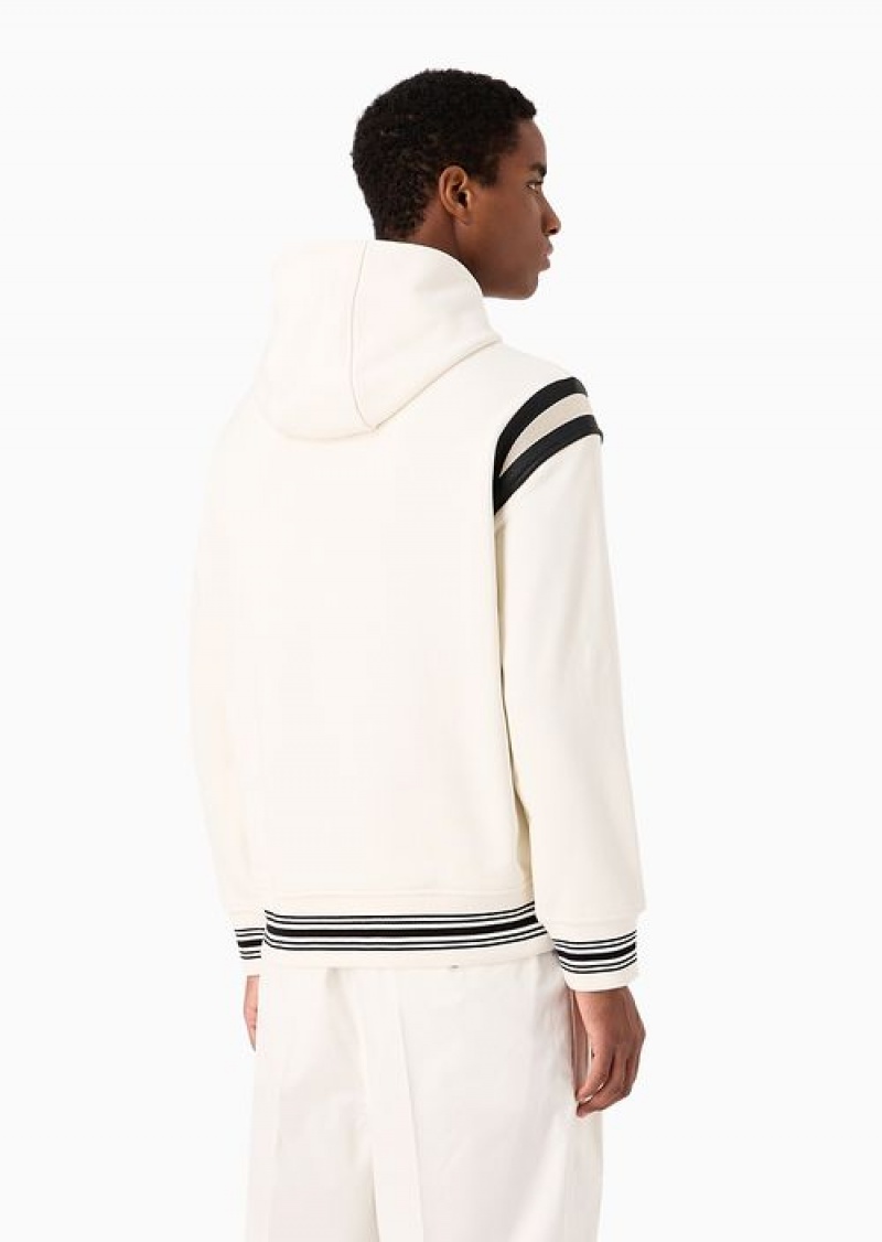 White Emporio Armani Heavyweight Jersey Hooded Sweatshirt With Leather Details And Preppy-font Embroidered Logo | EA-SN58517