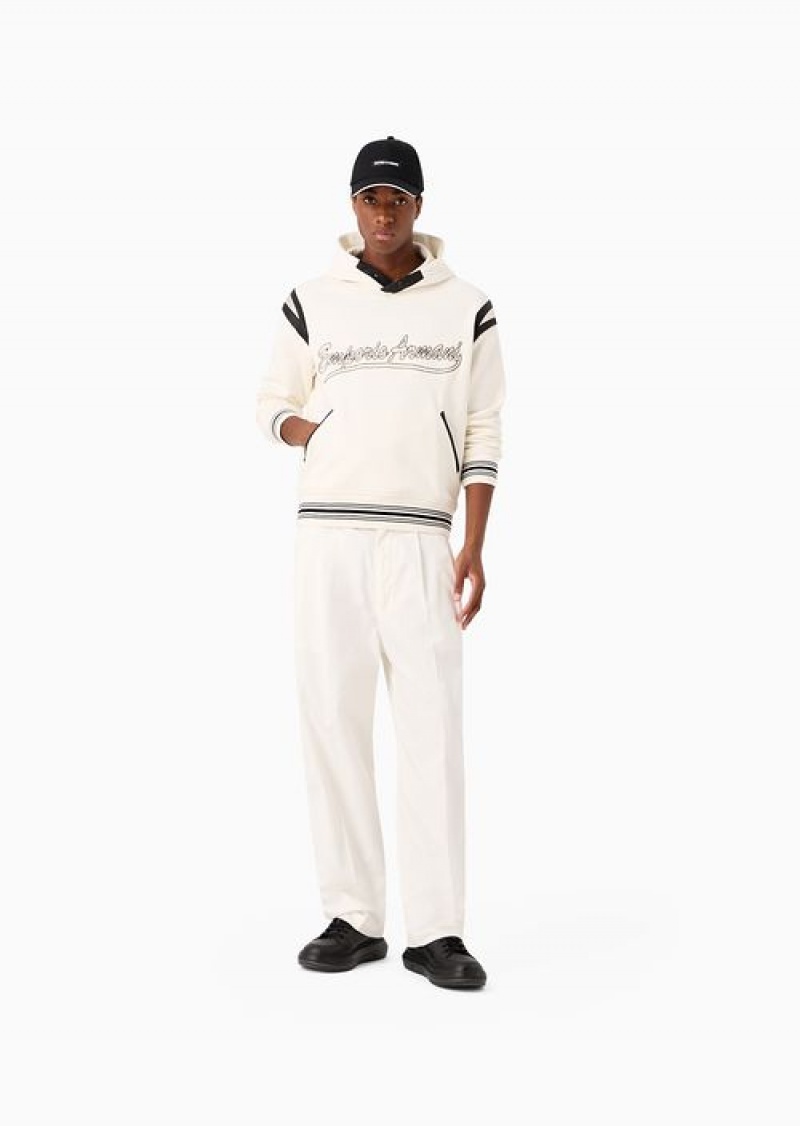 White Emporio Armani Heavyweight Jersey Hooded Sweatshirt With Leather Details And Preppy-font Embroidered Logo | EA-SN58517