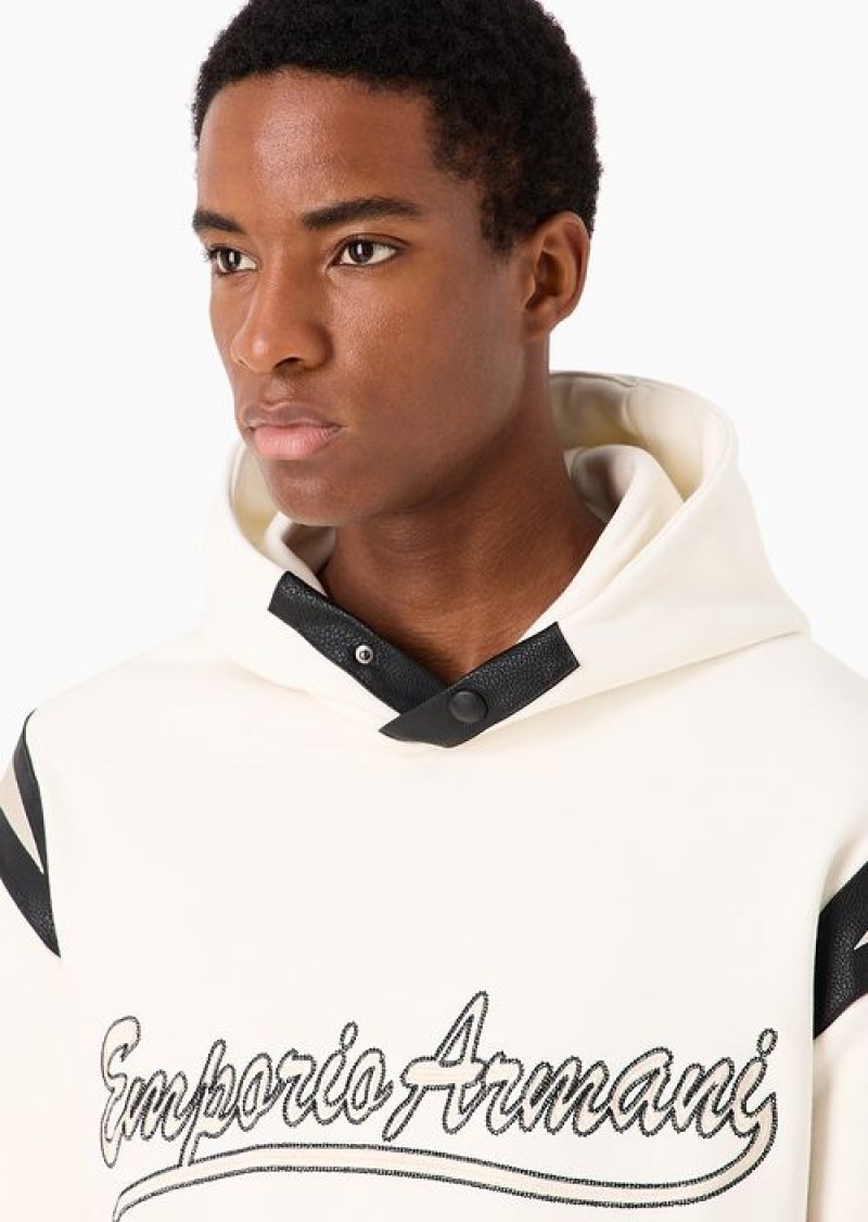 White Emporio Armani Heavyweight Jersey Hooded Sweatshirt With Leather Details And Preppy-font Embroidered Logo | EA-SN58517