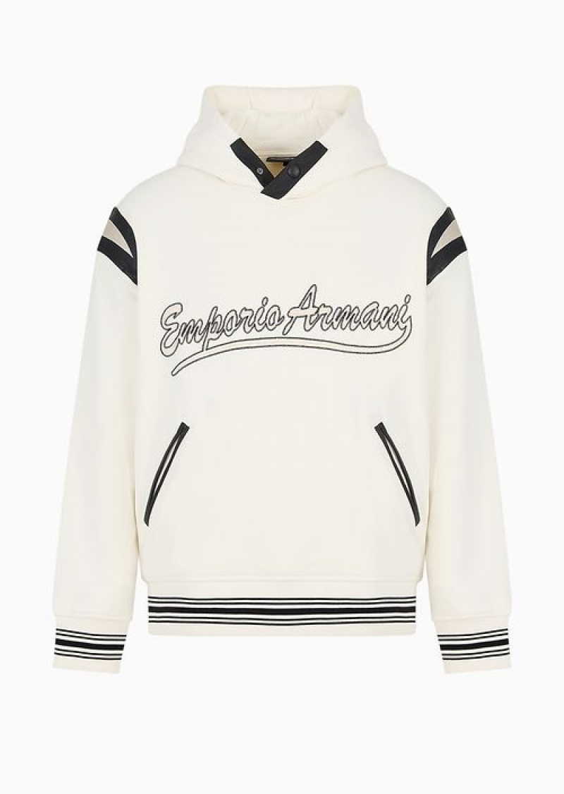 White Emporio Armani Heavyweight Jersey Hooded Sweatshirt With Leather Details And Preppy-font Embroidered Logo | EA-SN58517