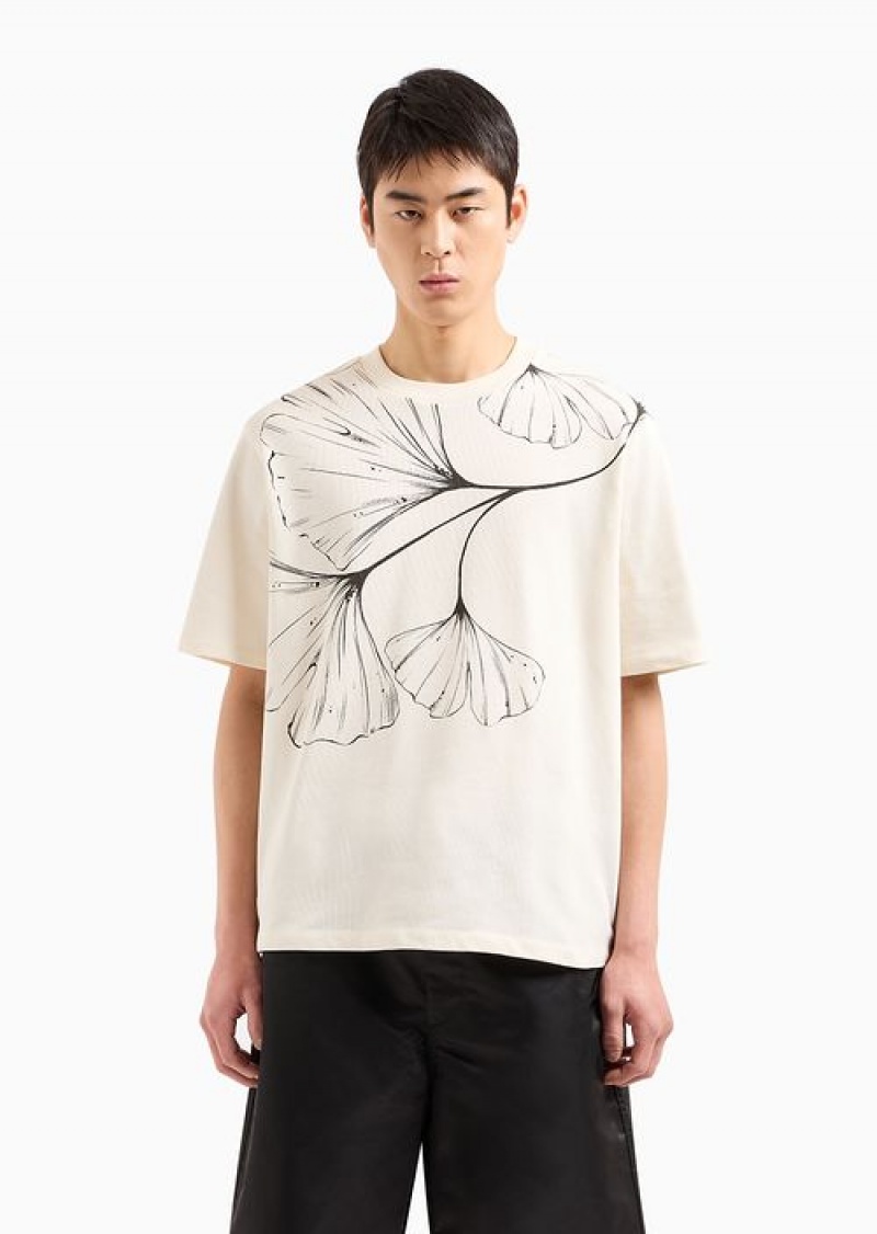 White Emporio Armani Heavyweight Jersey T-shirt With Nature Print | EA-SN58756