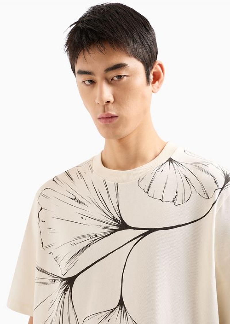 White Emporio Armani Heavyweight Jersey T-shirt With Nature Print | EA-SN58756