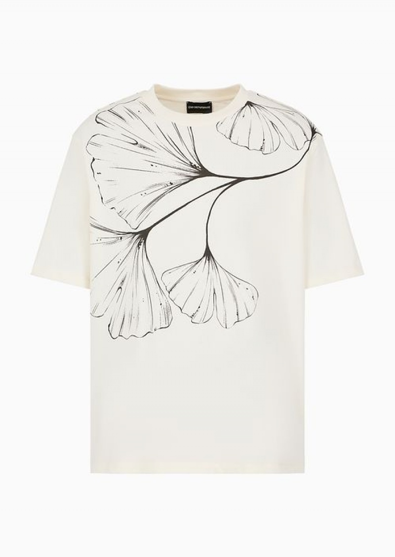 White Emporio Armani Heavyweight Jersey T-shirt With Nature Print | EA-SN58756