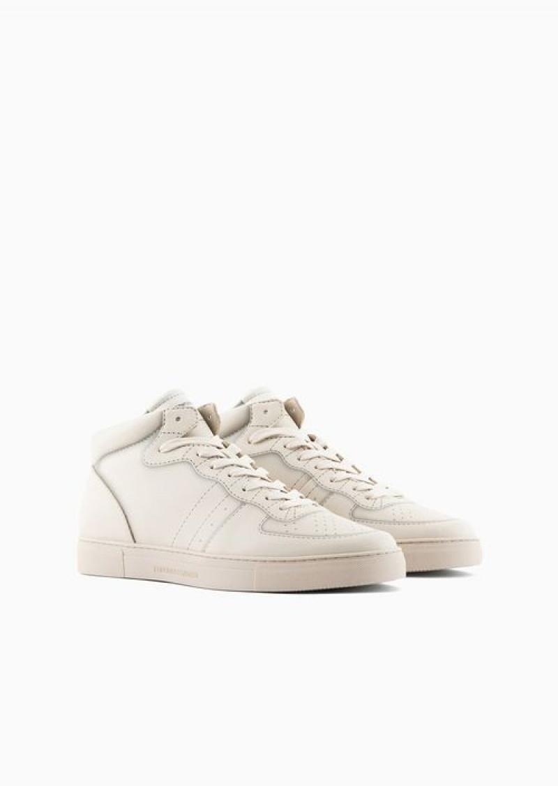 White Emporio Armani High-top Sneakers With Micro-perforated Details | EA-SN58949