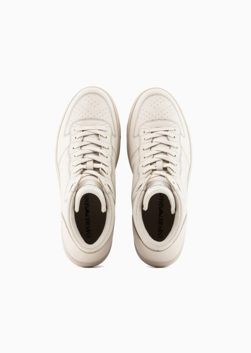 White Emporio Armani High-top Sneakers With Micro-perforated Details | EA-SN58949