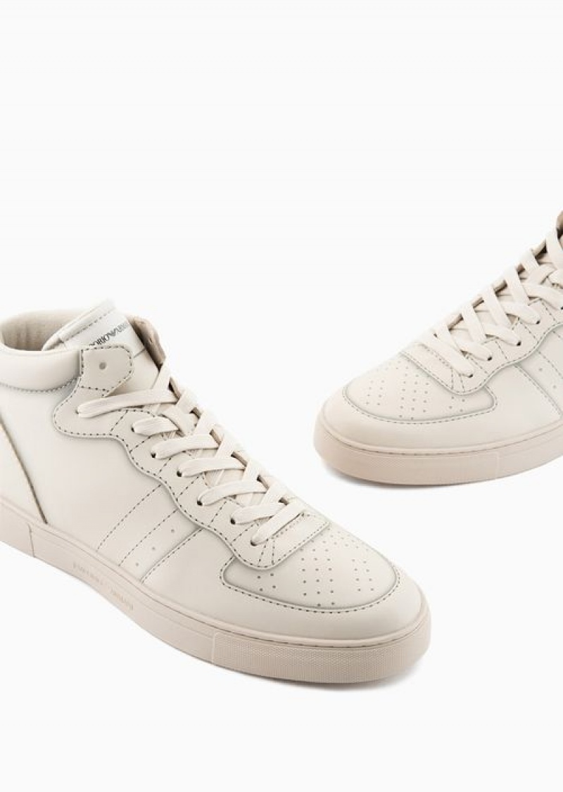 White Emporio Armani High-top Sneakers With Micro-perforated Details | EA-SN58949