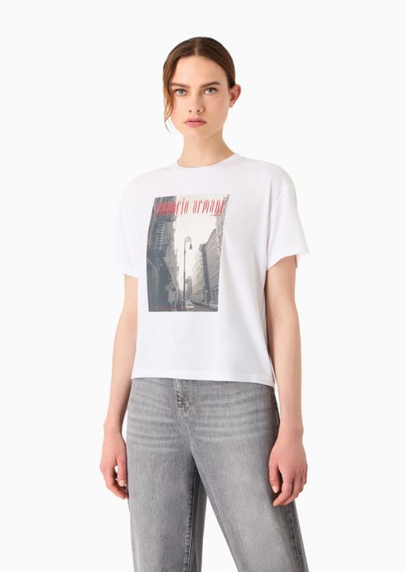 White Emporio Armani Icon Stretch-jersey T-shirt With Photographic Print And Logo | EA-SN57025