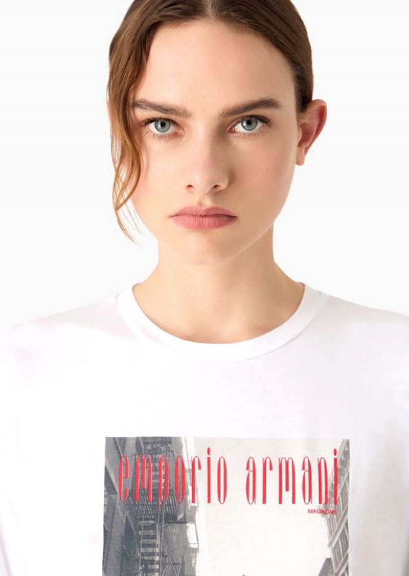 White Emporio Armani Icon Stretch-jersey T-shirt With Photographic Print And Logo | EA-SN57025