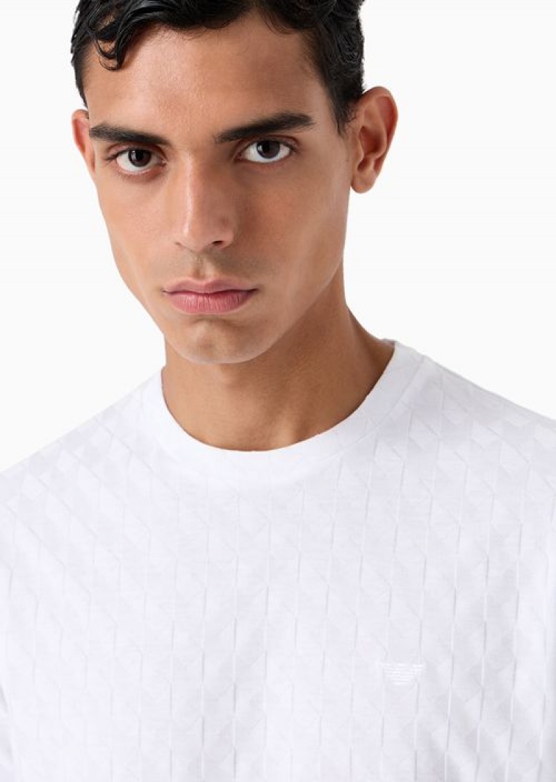 White Emporio Armani Jacquard Jersey T-shirt With Op-art Motif | EA-SN58680