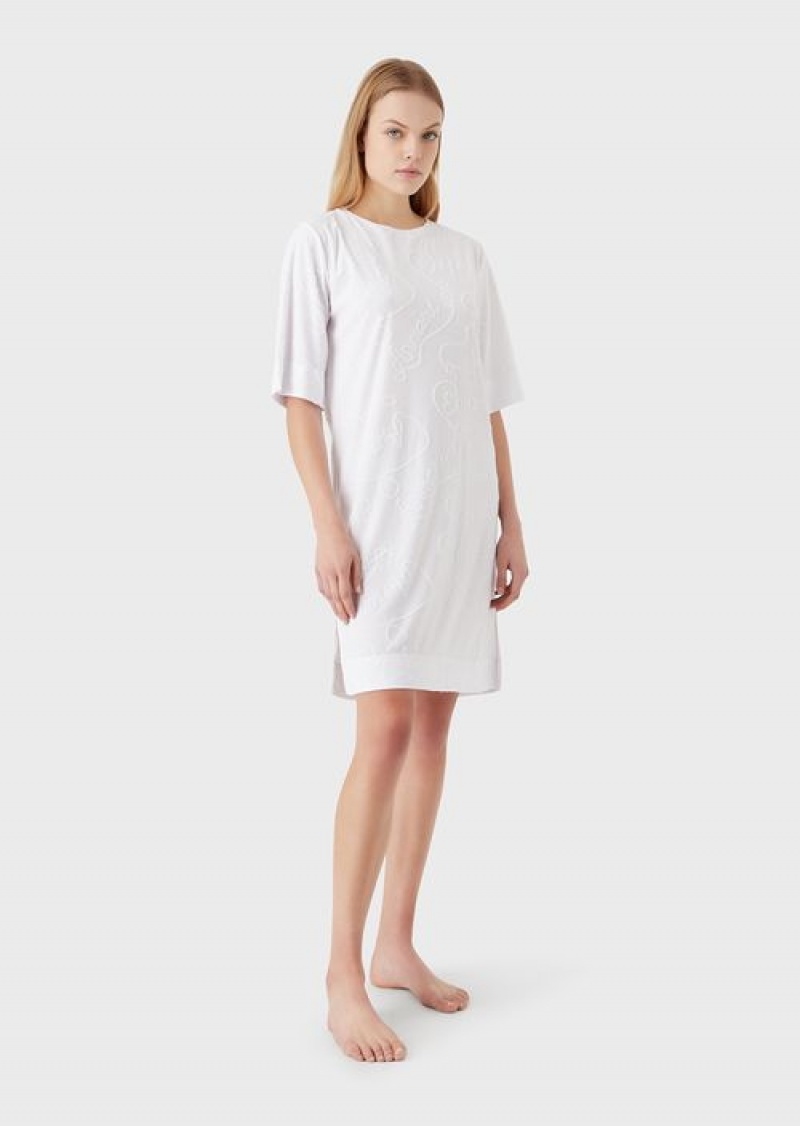 White Emporio Armani Jacquard Logomania Jersey Beach Dress | EA-SN57077