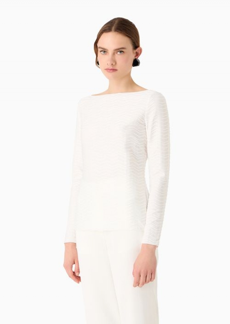 White Emporio Armani Jersey Jumper With Embossed Waves Motif | EA-SN57012