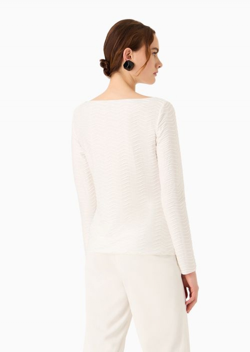 White Emporio Armani Jersey Jumper With Embossed Waves Motif | EA-SN57012