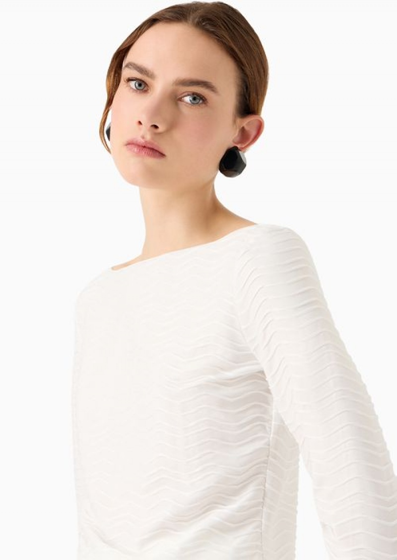 White Emporio Armani Jersey Jumper With Embossed Waves Motif | EA-SN57012