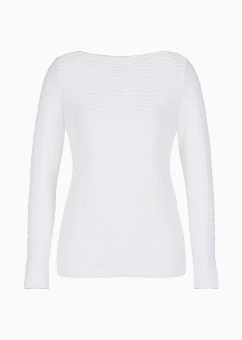 White Emporio Armani Jersey Jumper With Embossed Waves Motif | EA-SN57012