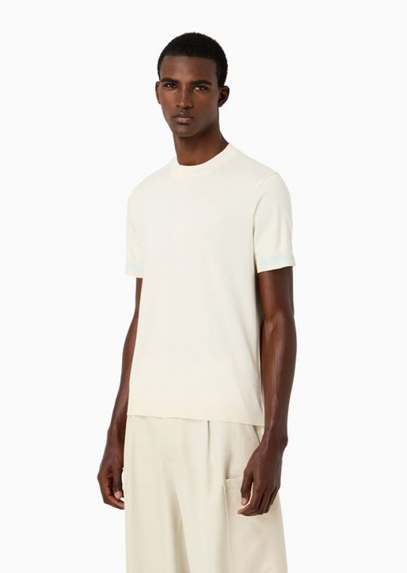 White Emporio Armani Jersey T-shirt With Jacquard Logo Knit Trims | EA-SN58629