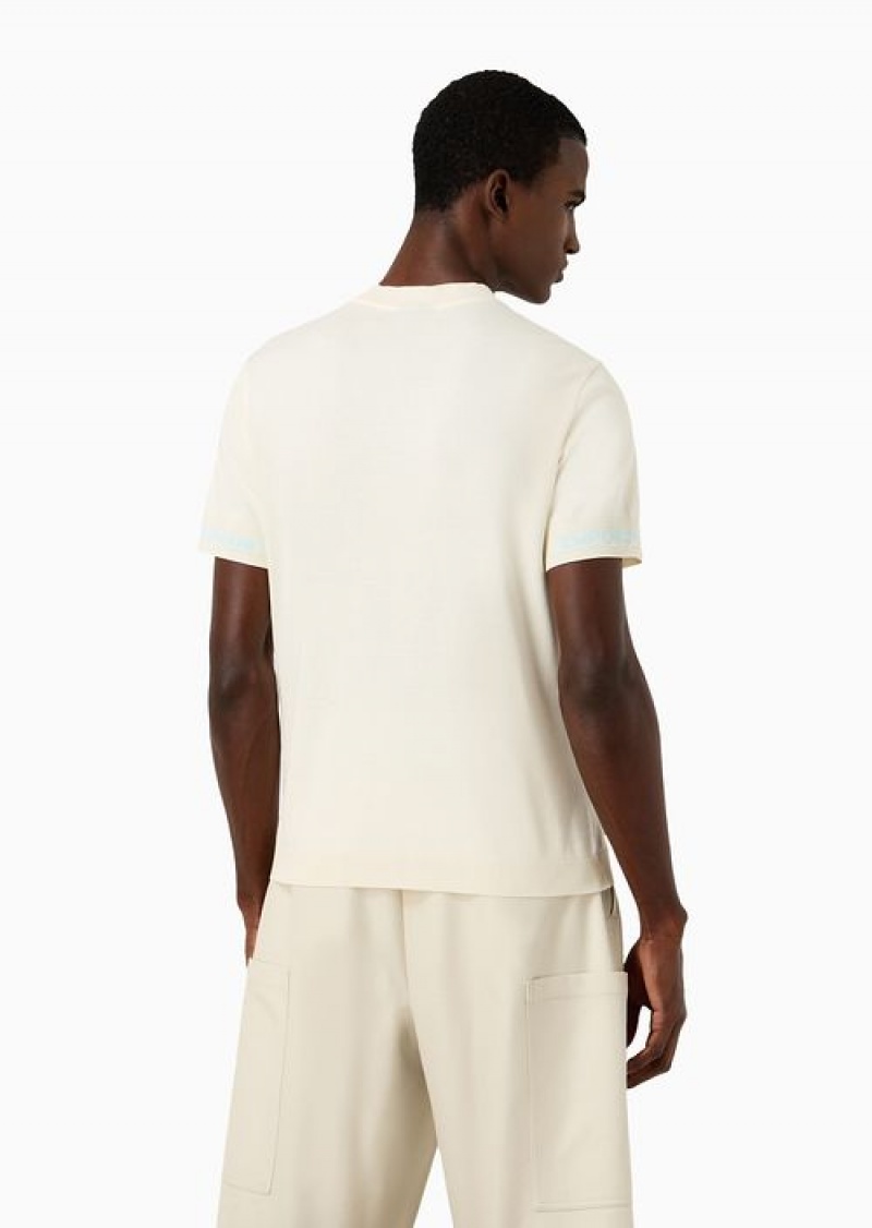 White Emporio Armani Jersey T-shirt With Jacquard Logo Knit Trims | EA-SN58629