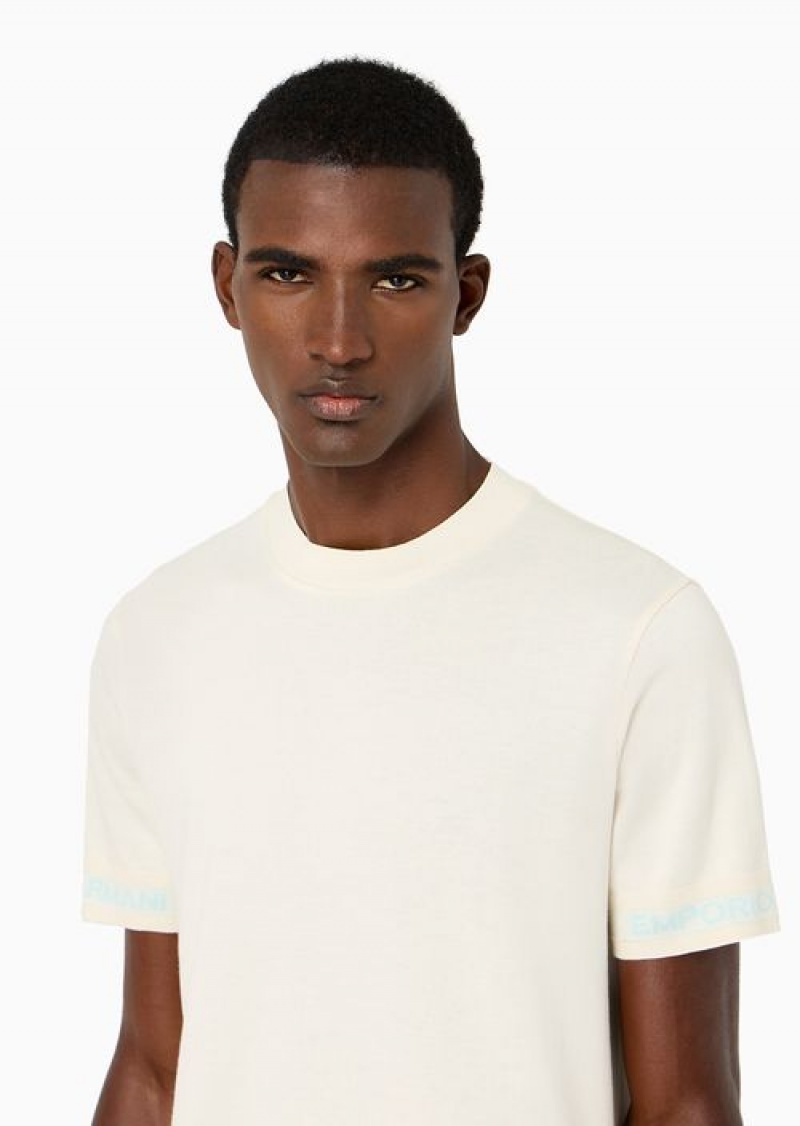 White Emporio Armani Jersey T-shirt With Jacquard Logo Knit Trims | EA-SN58629