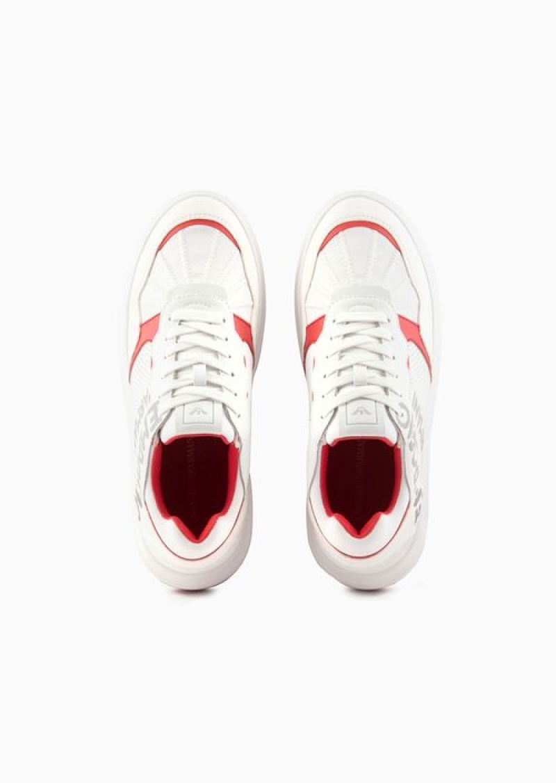 White Emporio Armani Leather And Nylon Sneakers With Brushstroke Logo | EA-SN57190