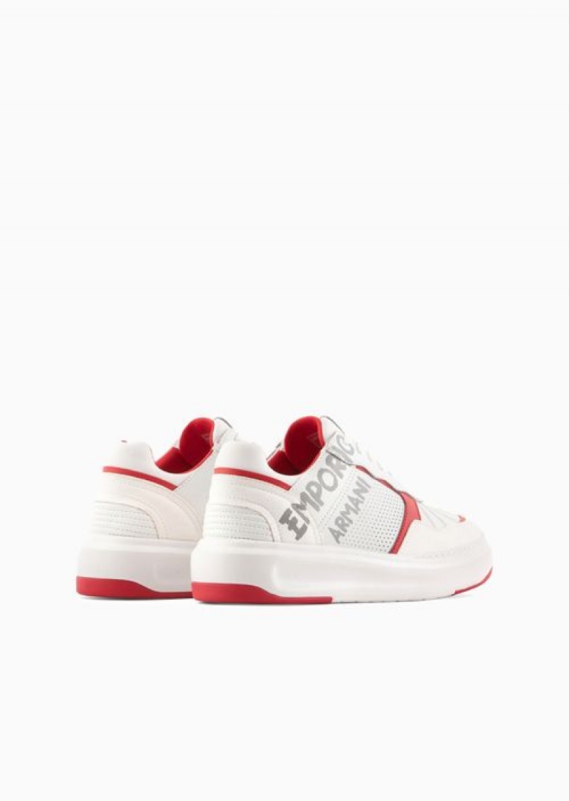 White Emporio Armani Leather And Nylon Sneakers With Brushstroke Logo | EA-SN57190